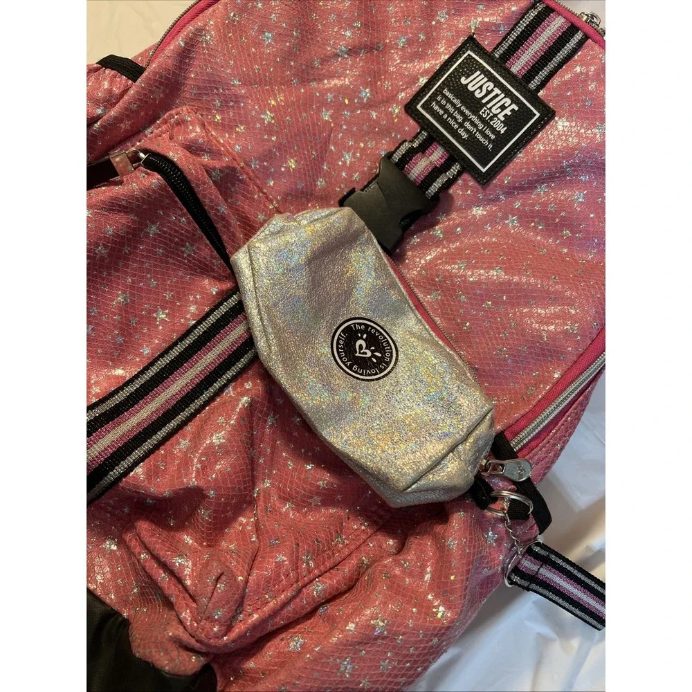 Justice Backpack Pink Silver Pencil Case Pouch Keychain Stars No Lunchbox